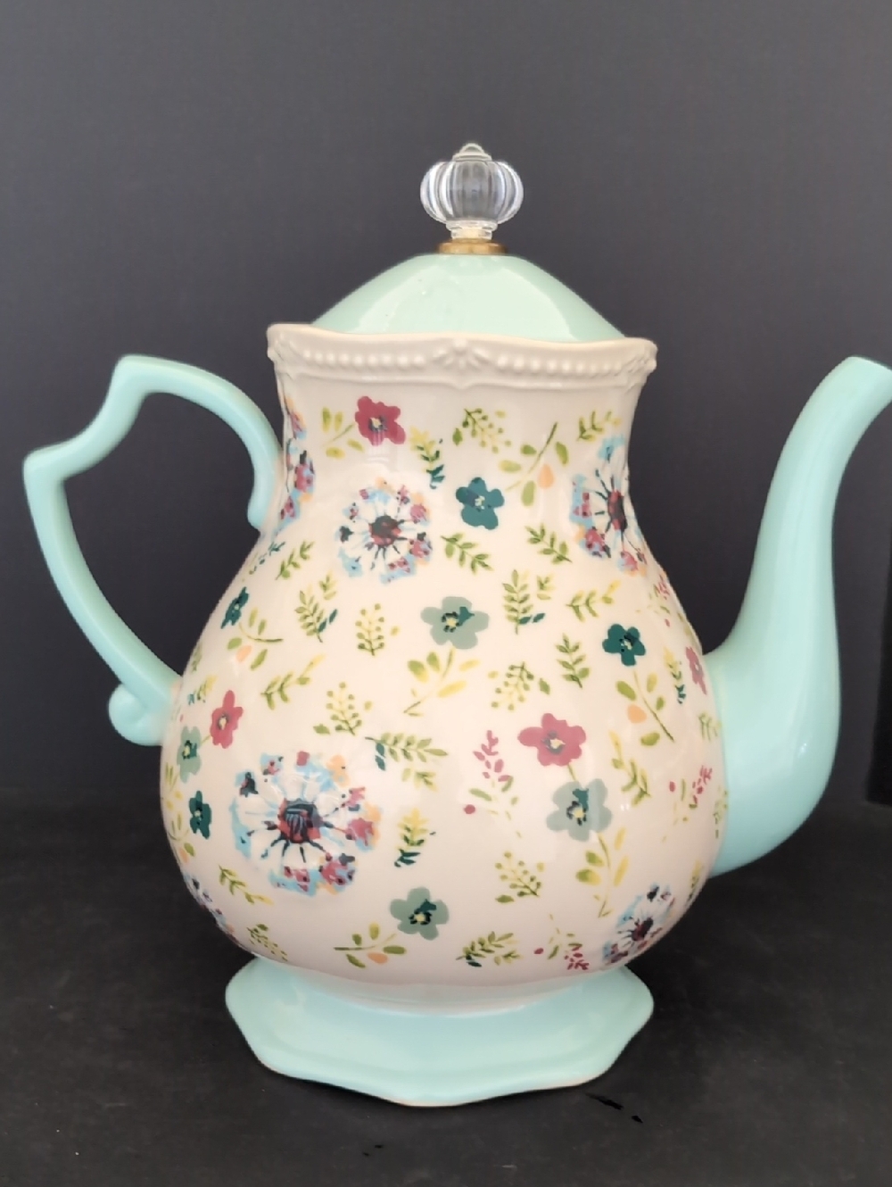 The Pioneer Woman Kari Teapot Green/Cream Floral Stoneware with Acrylic Knob.